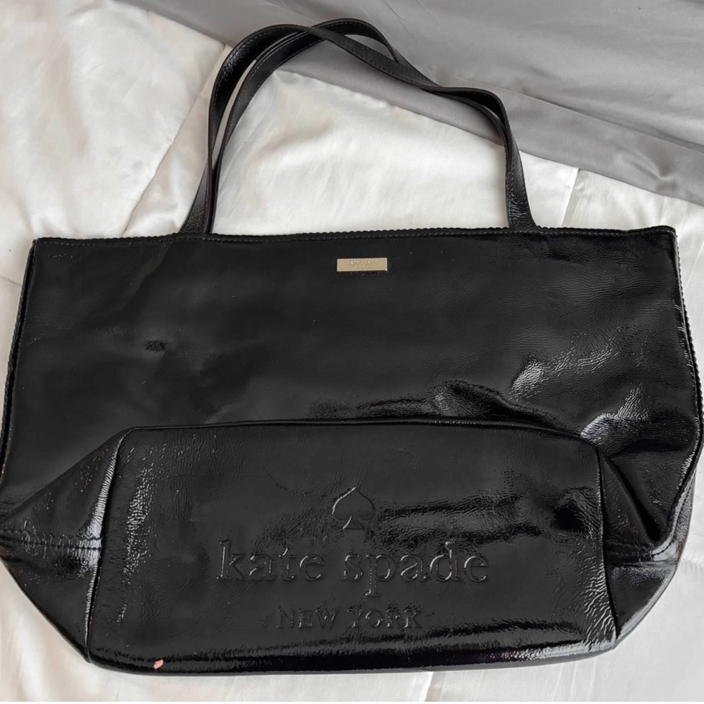 Kate Spade Black Patent Leather Tote Bag, Fully Lined w/3 Interior Pockets - Picture 3 of 12